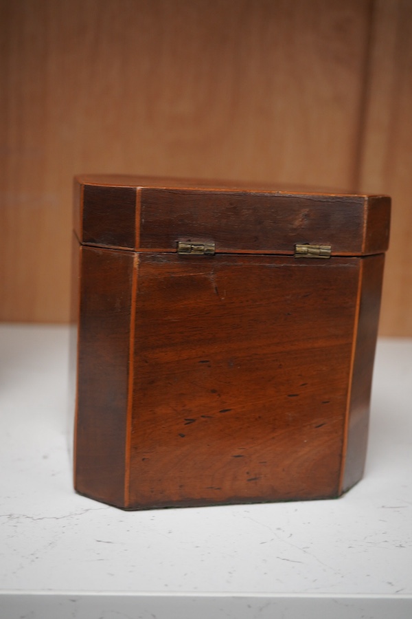 A George III Sheraton period mahogany and marquetry tea caddy, 12cm high